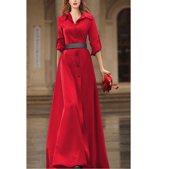 Spring and Autumn New European Station Fashion Lace up Waist Long Dress Women's Western Style High Waist Slim Red Long Dress