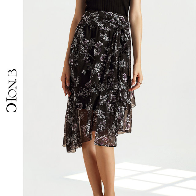 Red Beti Chiffon Sweet Print Summer New Irregular Temperament Elegant Mid-length Gentle Style Skirt