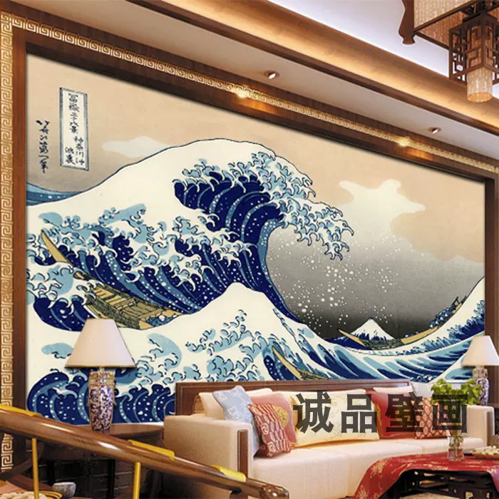 日式和风墙纸日本浮世绘壁纸神奈川冲浪里日系壁画电视酒店背景