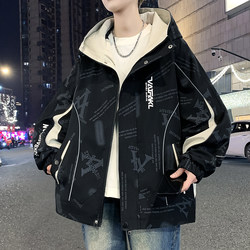 Spring and Autumn New Style Jacket for Male Students, Fashionable and Trendy Loose Printed Hooded Jacket, Youth Trendy Brand Casual Top