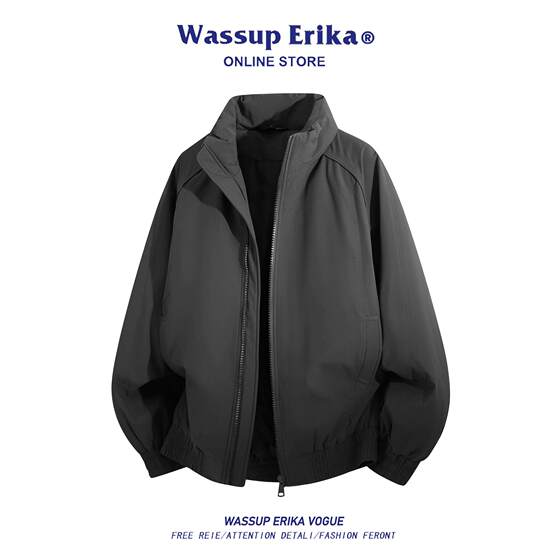 
WASSUP ERIKA Japanese gray warm stand collar cotton coat for men winter new cotton coat for couples solid color coat for women