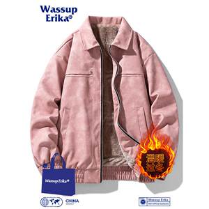 
WASSUP ERIKA Japanese pink velvet leather jacket men's winter warm lapel leather jacket street motorcycle jacket
