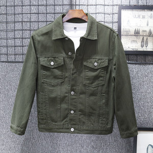 All cotton spring autumn solid color denim jacket male high -end casual jacket short pure cotton army green top new