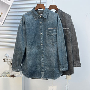 
American fashion brand quality design sense denim shirt men's autumn letter printing loose lapel long sleeve shirt jacket