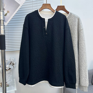 
Old money style heavy-duty high-quality fake two-piece sweatshirt for men in early spring thick warm inner layer with Henry collar long-sleeved base layer