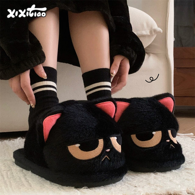 Thin strips of angry little black cat cotton slippers for men and women in winter, cute non-slip warm plush home shoes for couples