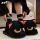 Thin strips of angry little black cat cotton slippers for men and women in winter, cute non-slip warm plush home shoes for couples
