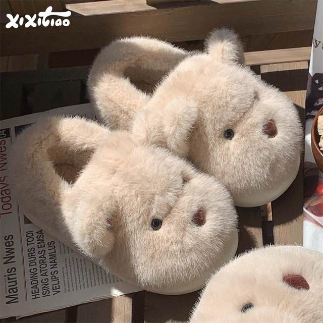 Fine strips all include coats and hair shoes men and women anti -skid warmth in winter couples home cute bear cotton slippers ins