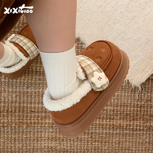 Thin strips of one-leg Lok Fu cotton slippers for women, winter warm and non-slip outer wear ins plaid star plus velvet bread shoes