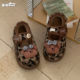 Thin strips Bear Velcro leopard print cotton shoes cute non-slip thick sole plus velvet Mary Jane fur shoes for women winter ins