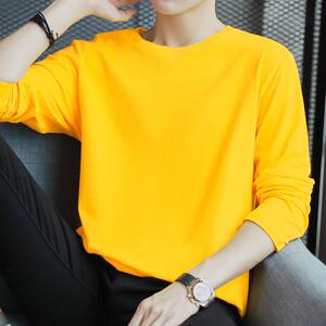 Pure color long -sleeved T -shirt men in autumn and winter bottoming shirts round neck loose trendy yellow autumn clothing
