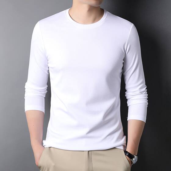 Ice silk T-shirt men's long-sleeved round neck plus size base shirt spring and autumn solid color men's basic inner top