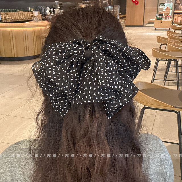 Double-layer polka-dot bow hairpin for women with full back of head shark clip ponytail grabber half-tied high-end hair accessory