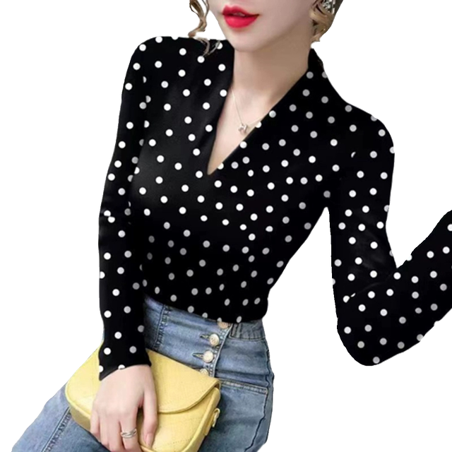 V Neck Polka Dot Long Sleeved Womens T Shirt Spring And Autumn Fashionable Western Top Slim Fit 5265