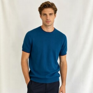 Deer King Men's Half sleeved Pure Cashmere Sweater with Bottom Knitted Solid Color Casual Spring and Autumn Versatile Warm Business Short sleeved Sweater