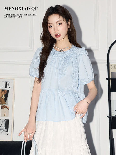 Meng Xiaoqi bow blue puff sleeve shirt women's summer lace strap shirt special beautiful top