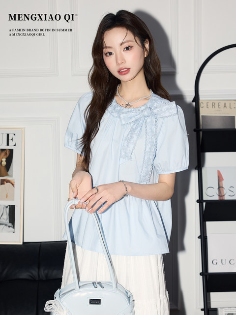 Meng Xiaoqi bow blue puff sleeve shirt women's summer lace strap shirt special beautiful top