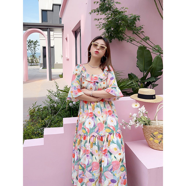 Vogana Cannes Large -size Original Summer Celebration Flower Lotus Leaf Edge Reduction Slender Shirt Shirt Dress