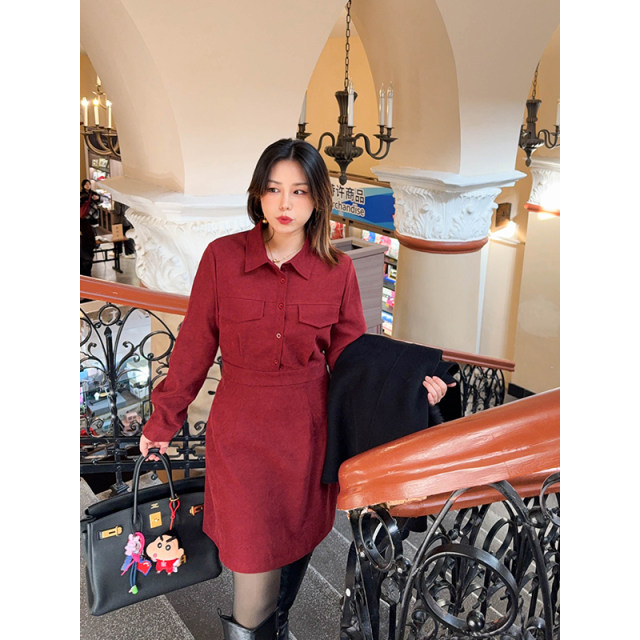 vogana Cannes Large size original autumn and winter thick warm A -line shirt skirt loose, thin waist dress
