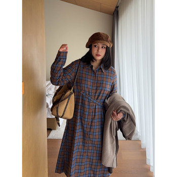 VOGANA Cannes plus size women's casual brushed warm retro plaid shirt skirt waist A-line dress