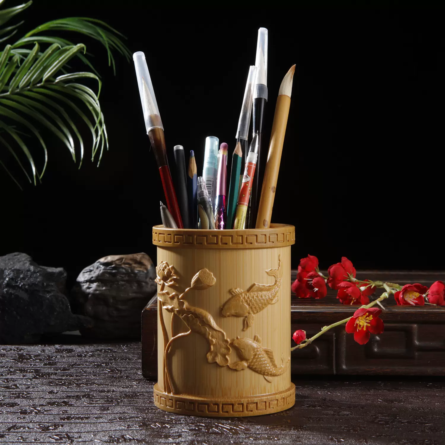 竹筆筒連身收納多功能大容量竹製筆筒套裝圓形辦公筆筒個性收納筒