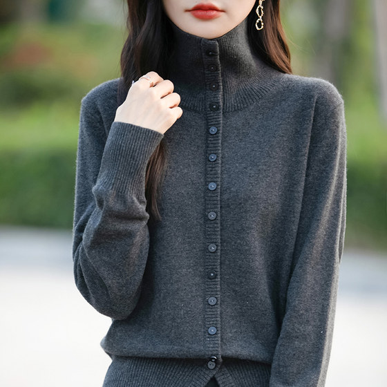
Lapel gray sweater women's cardigan sweater 2026 spring new large size slimming high-end long-sleeved top