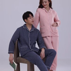 
Yukang winter men's and women's three-layer cotton jackets, thick cotton jackets, long-sleeved plaid warm couple's pajamas, home clothes set