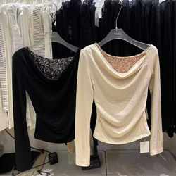 Early Spring Design with Sequins, Layered Ruffles, Off-Shoulder, Waist-Cinching T-Shirt, Slimming, Fashionable, Pure and Alluring Style Top