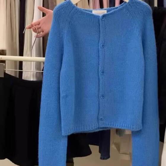 
2025 new sweater knitted cardigan coat for women Klein blue loose soft waxy round neck short top spring and autumn