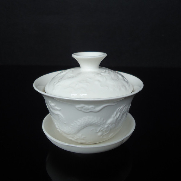 高档盖碗玉瓷功夫茶具 陶瓷茶碗盖碗 白瓷盖碗 浮雕龙茶杯碗茶