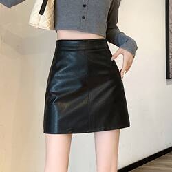 Black Leather Mini Skirt for Women, New High-Waisted Slimming Pu Leather Short Skirt for Spring, Autumn, and Winter, Anti-Exposure A-Line Bodycon Skirt