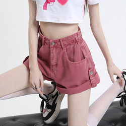Dirty Pink Denim Shorts for Women, Summer Thin Style, 2026 New Design, High-Waisted, Rolled Hem, Hot Girl Wide-Leg Knee-Length Shorts
