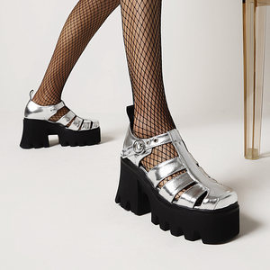 
European and American foreign trade Baotou sandals, thick-soled platform platform heels, thick-heeled high-heeled shoes, silver square toe T-buckle fashion women's shoes