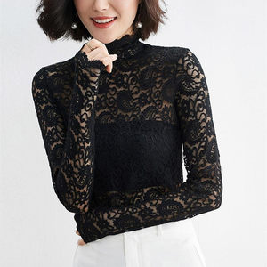 Special spring semi -high -necked casing lumbar leaf bottom shirt thin super elastic solid color hollow sexy sexy qi top
