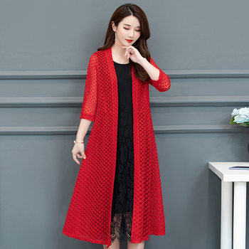 Summer 7-quarter sleeve mid-length cardigan for women with large size lace jacquard slim shawl middle-aged mother outfit solid color exterior
