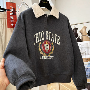 2025新款美式印花翻领减龄加绒加厚套头无帽卫衣女秋冬巨好看上衣