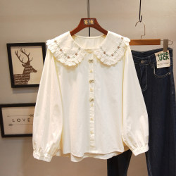 Designed with a Sense of Style, Embroidered Doll Collar, Apricot-Colored Shirt for Women, Loose and Sweet, Pure Cotton, Regular Shoulder Fit, Suitable for Students, Petite Sizes, Plus Size Tops