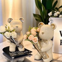 Trendy Light Luxury Teddy Bear Holding Flowers, Wine Cabinet, Entryway, Bedroom Decor, Modern Home Living Room, Office Desk Decoration