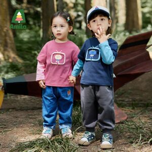 
Amila men's and girls' long-sleeved T-shirt 2025 spring and autumn children's baby top fake two-piece children's base shirt