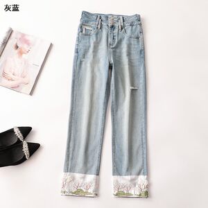 
410123 Super Value, High-Price and Premium Women's Cloth Nine-Pin Embroidered Beaded Chinese Style Jeans