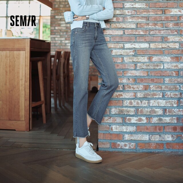 [Senrou Denim] Senma jeans women's high-end cropped pants small 2025 autumn bristle straight-leg pants trendy