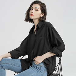 Loose-Fitting, Unique Black Shirt for Women, Vintage, Casual, Layered Top, High-End Hong Kong Style White Shirt