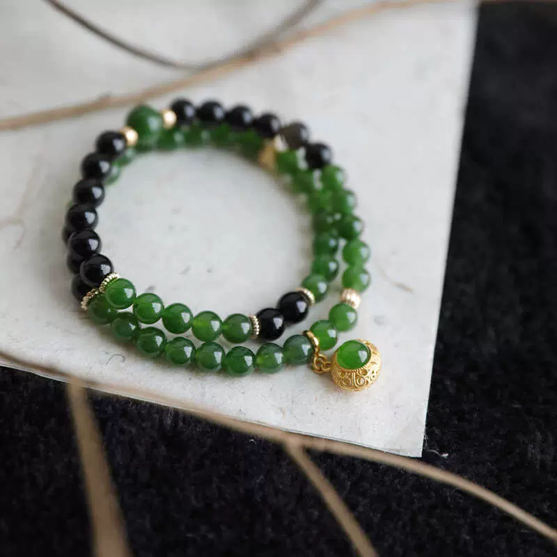 天然和田玉碧玉手串双圈黑曜石手链绿色黑色小众珠串