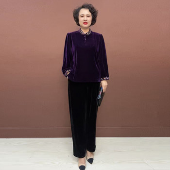 
Ethnic style embroidered velvet shirt wide-leg pants two-piece set