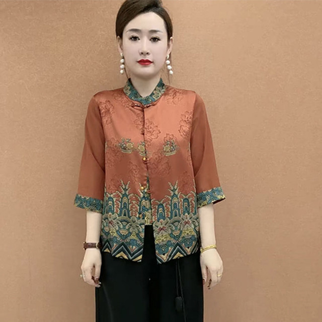 Re-tourist Chinese style mother-wearing silk cardigan top for summer new style 50-60 years old 7-quarter sleeve pattern shirt and pants