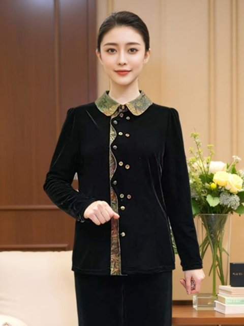 Western style mom velvet cardigan autumn new high-end splicing design slim fit outer lapel jacket for women