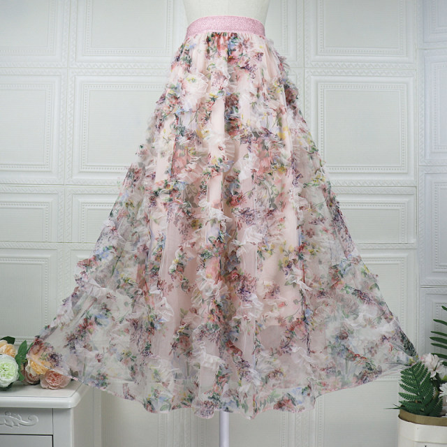 2025 spring and summer new three-dimensional embroidered floral mesh skirt high-waisted slim long skirt sweet fairy soft gauze skirt