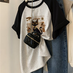 Plus-Size Vintage Raglan Sleeve T-Shirt for Chubby Girls, Slimming, Unique and Chic Top, Summer Short-Sleeve Women's Retro Hong Kong Style