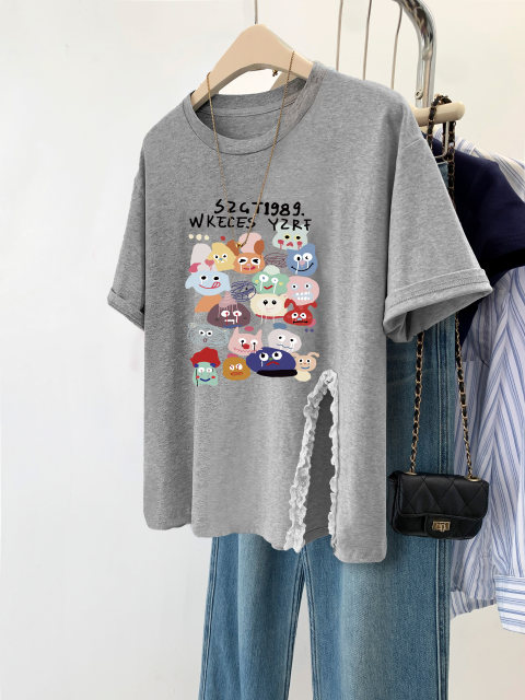 American short-sleeved T-shirt for women fat mm large size retro irregular slit best friend wear ins belly-covering front shoulder summer top
