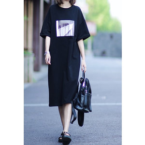 
Black dress t-shirt women's large size short-sleeved mid-length casual lazy style ins trend loose half-sleeved long skirt fashionable
